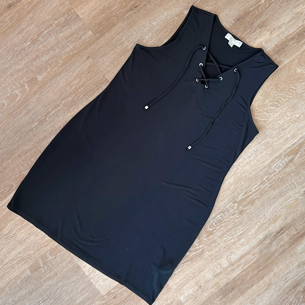 Michael Kors Black Lace-up V-neck dress with silver accents size Large
